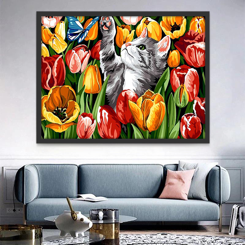 Petit Chaton Gris et Tulipes Peinture par Numéros