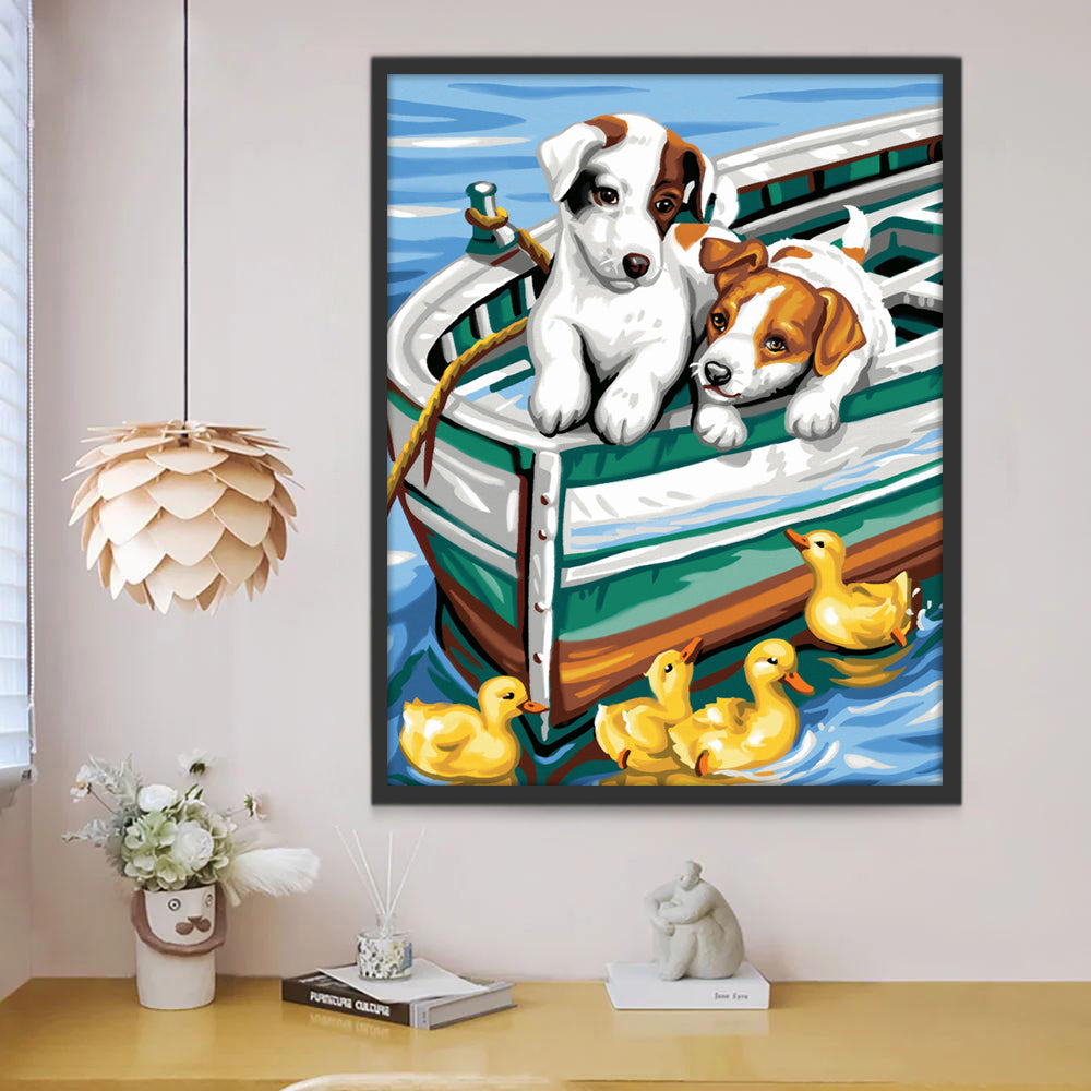 Petit Chiens et Canetons à Bord du Bateau Peinture par Numéros