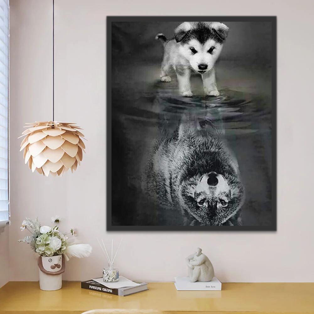 Petit Chiot Huskie et Loupe dans le Reflet Peinture par Numéros