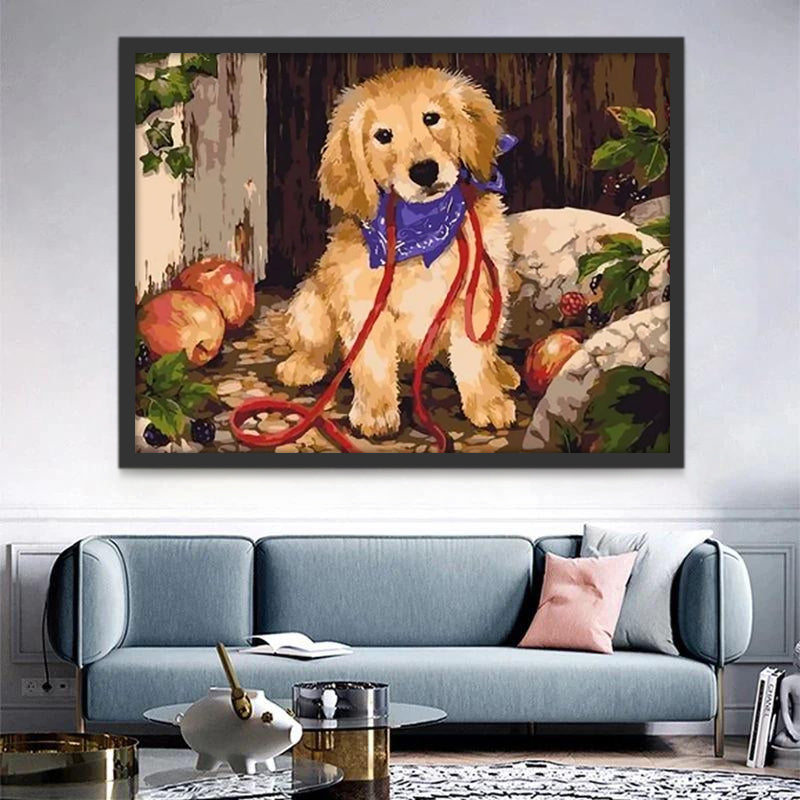 Petit Golden Retriever Tenant une Laisse Peinture par Numéros
