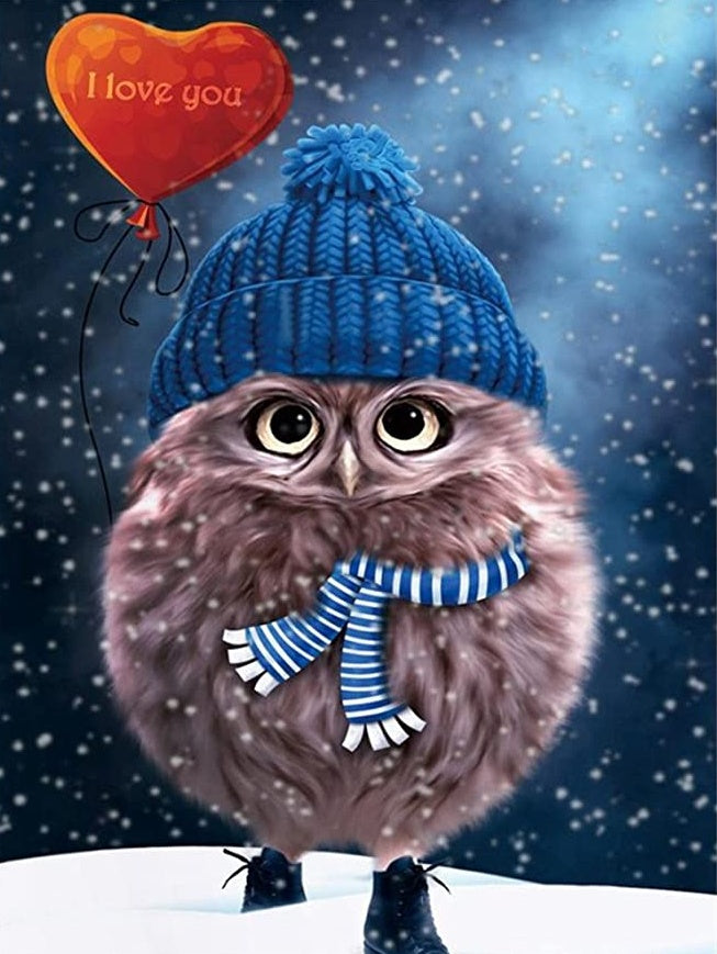 Petit Hibou Gris avec un Bonnet Bleu Peinture par Numéros