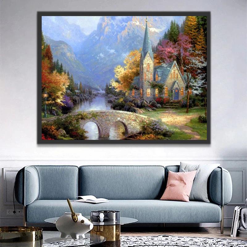 Petite Église près de la Rivière Peinture par Numéros
