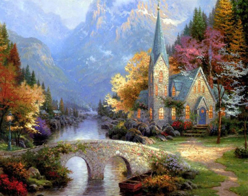 Petite Église près de la Rivière Peinture par Numéros