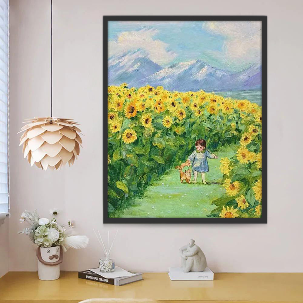 Petite Fille et Chaton Tournesol Peinture par Numéros