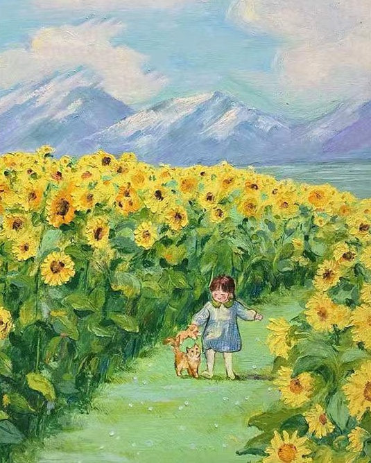 Petite Fille et Chaton Tournesol Peinture par Numéros