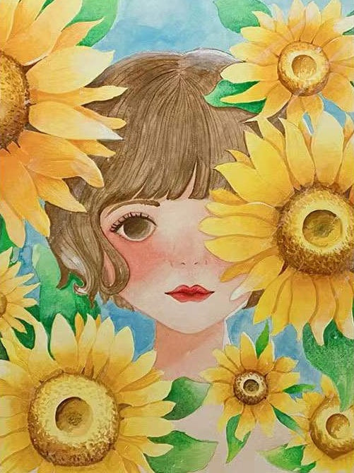 Petite Fille et Tournesols Peinture par Numéros