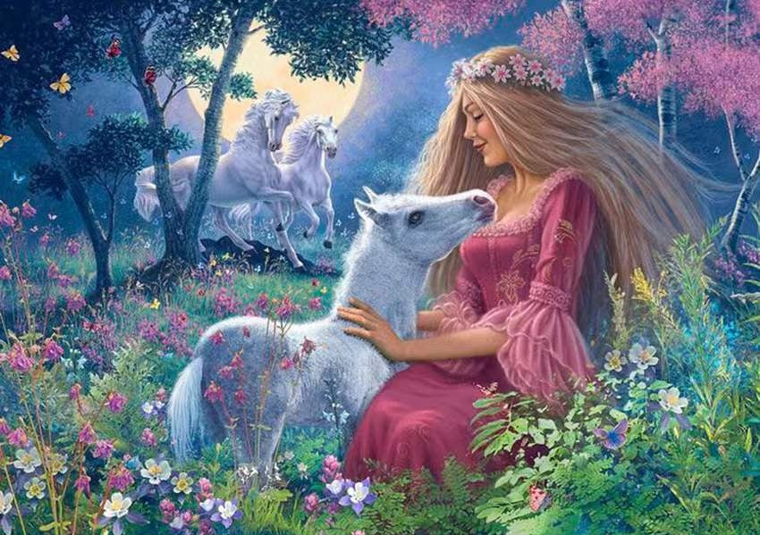Petite Licorne Blanche et Fille Peinture par Numéros