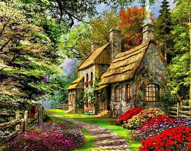 Petite Maison et Forêt Peinture par Numéros