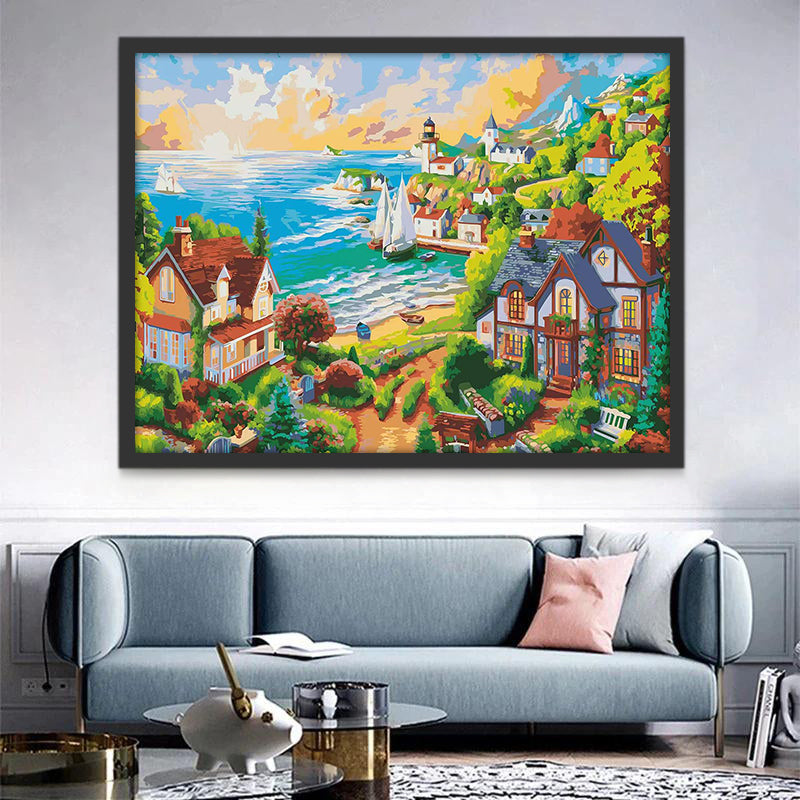 Petite Ville au bord de la Mer Peinture par Numéros