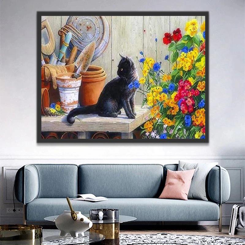 Petites Fleurs Mélangées et Chat Noir Peinture par Numéros