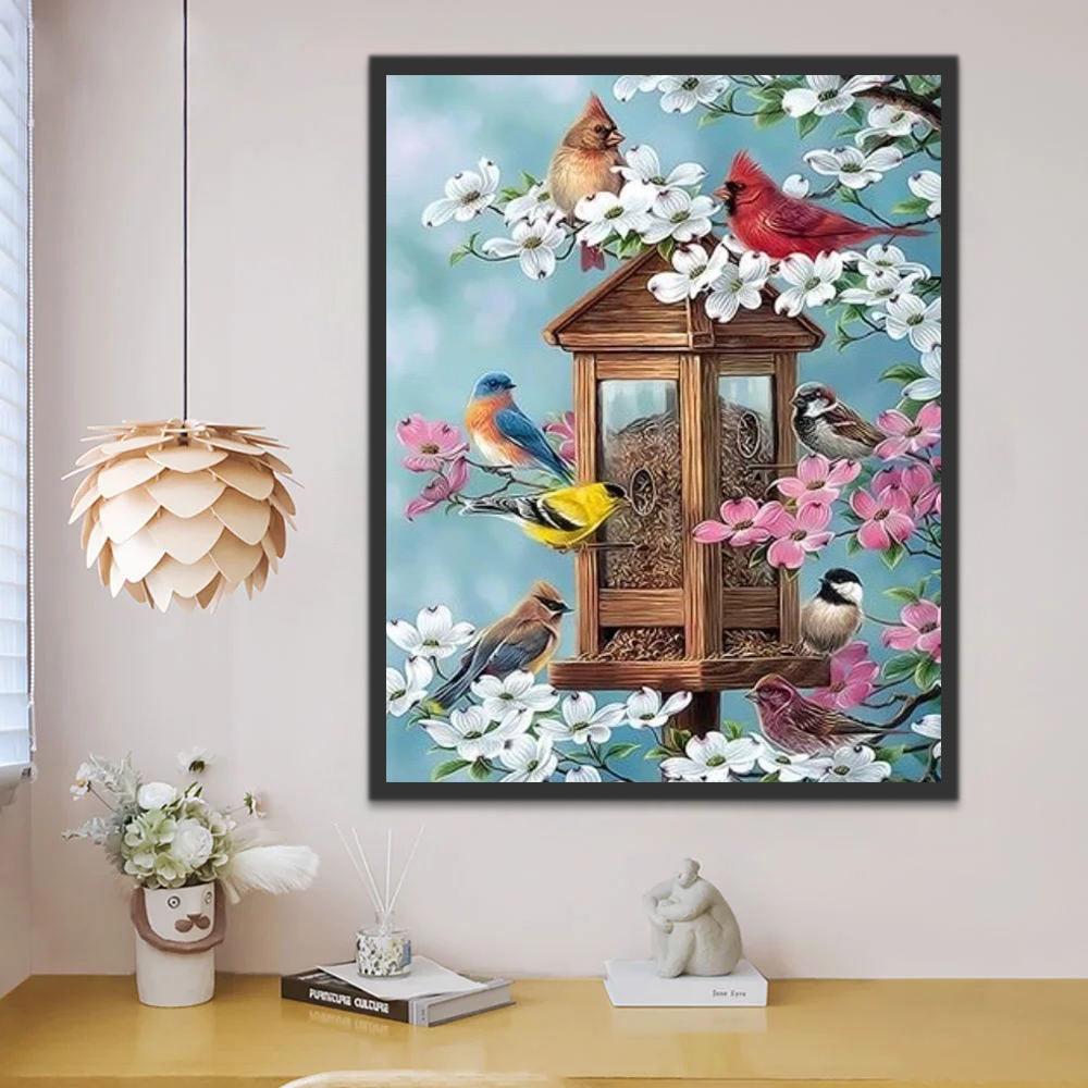 Petits Oiseaux et Fleurs Blanches et Roses Peinture par Numéros