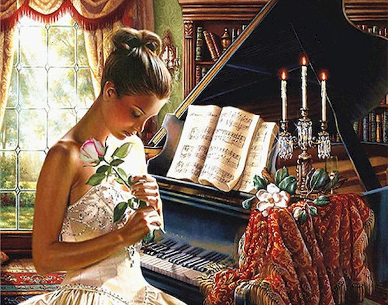 Pianiste et Rose Blanche Peinture par Numéros