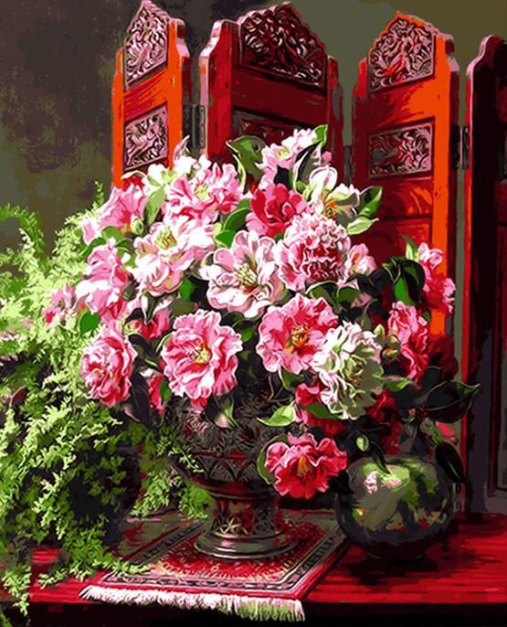 Pivoines et Paravent Chinois Peinture par Numéros