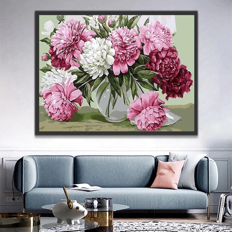 Pivoines Roses et Blanches Plante Fleur Peinture par Numéros
