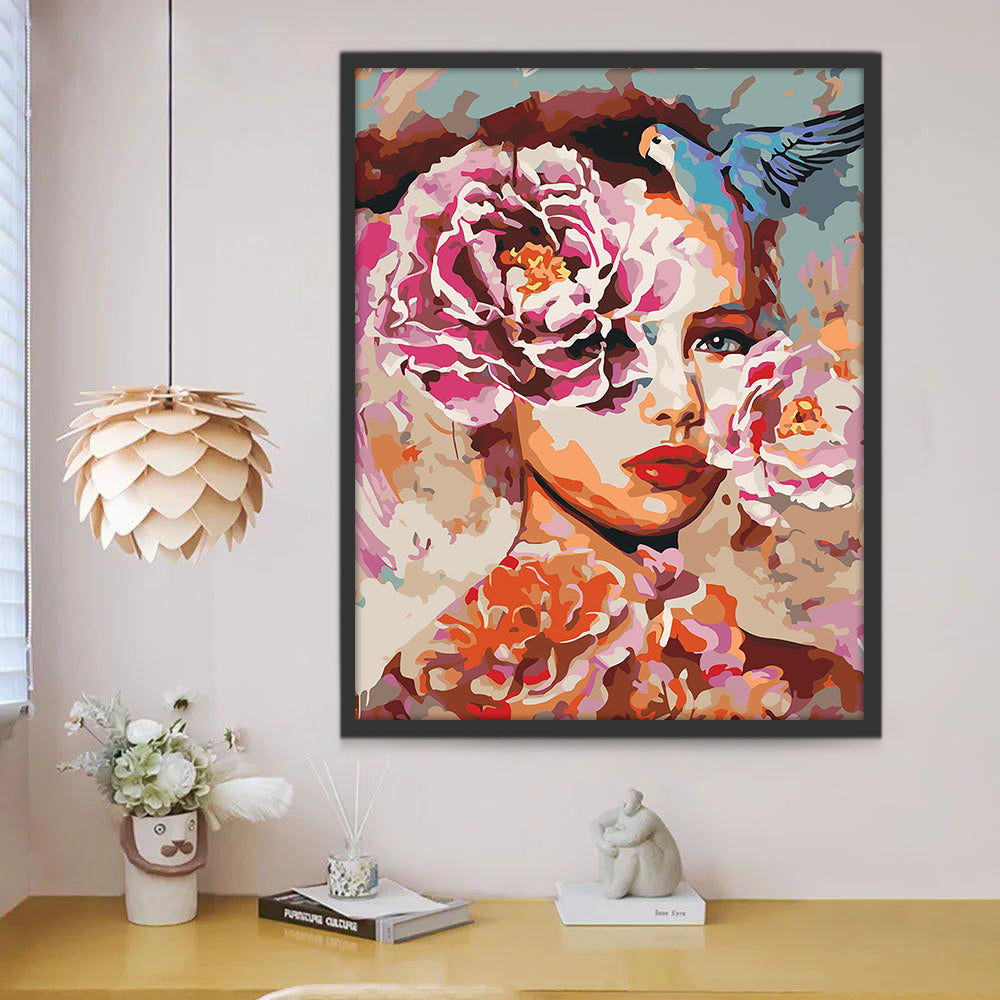 Pivoines Roses et Fille Peinture par Numéros