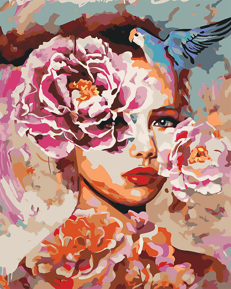 Pivoines Roses et Fille Peinture par Numéros