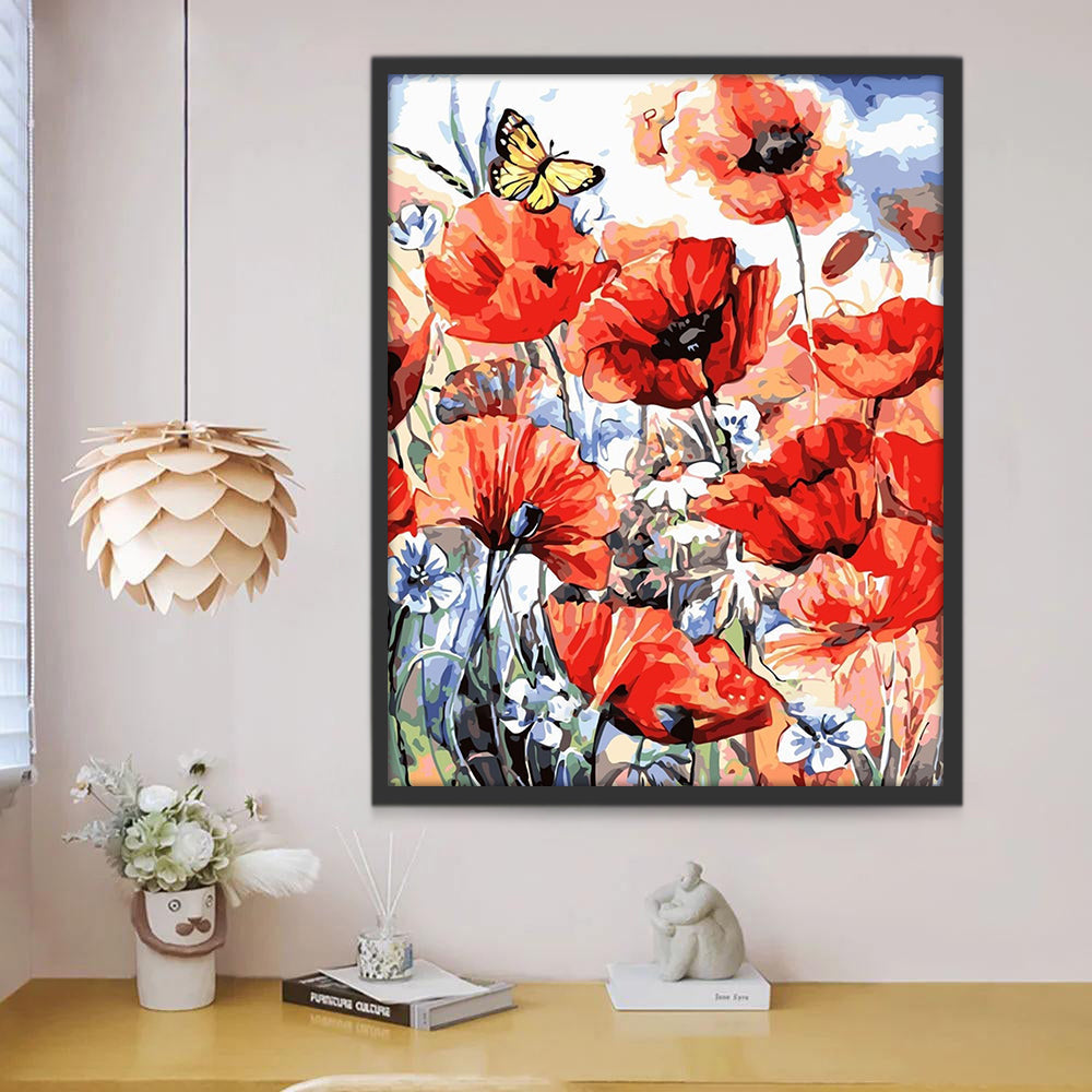 Pivoines Rouges et Papillon Peinture par Numéros