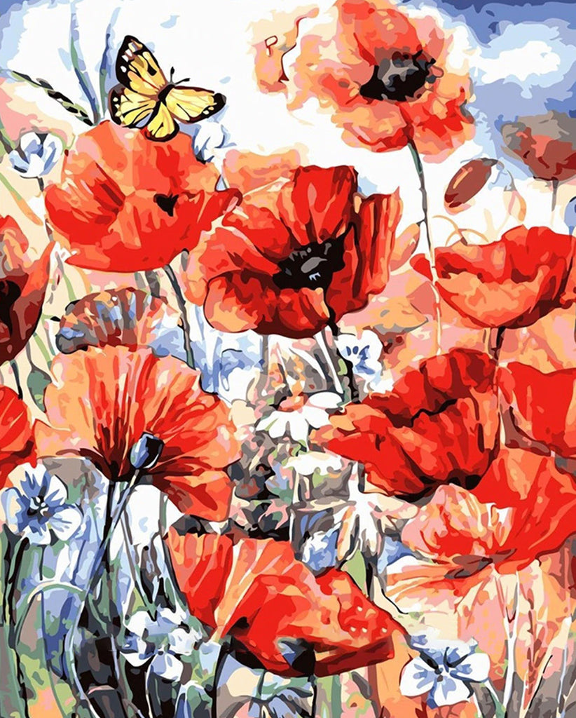 Pivoines Rouges et Papillon Peinture par Numéros