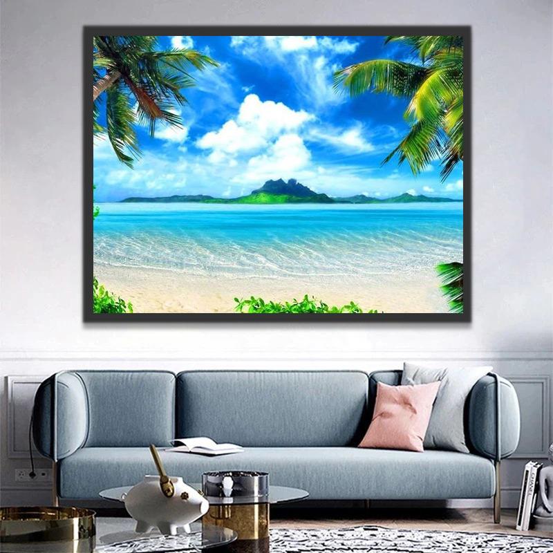 Plage Tropicale Palmier Mer Turquoise et Ile Peinture par Numéros