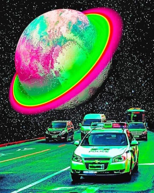Planète Multicolore et Voiture de Police Peinture par Numéros