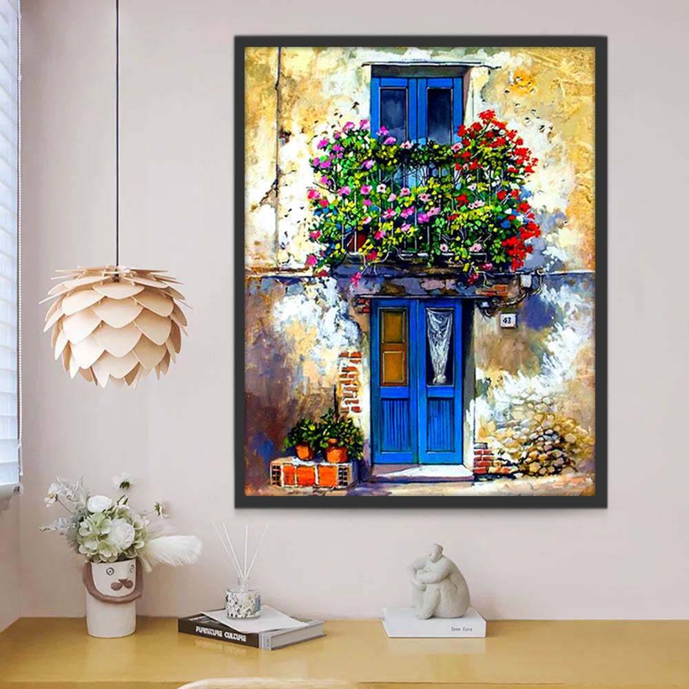 Plante Fleur et Balcon Bleu Peinture par Numéros