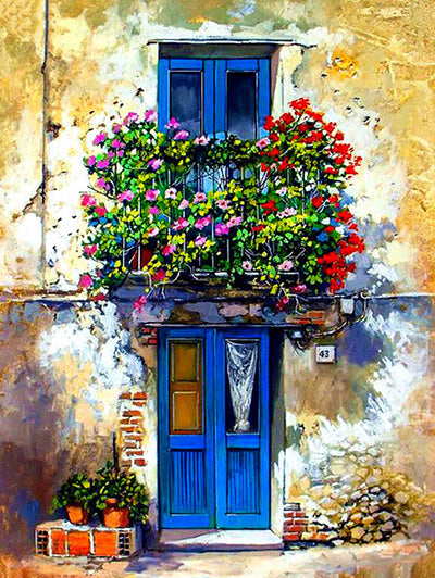 Plante Fleur et Balcon Bleu Peinture par Numéros