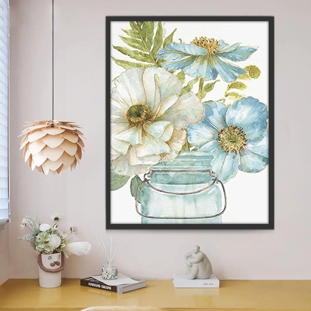 Plante Fleurs Blanche et Bleues Peinture par Numéros