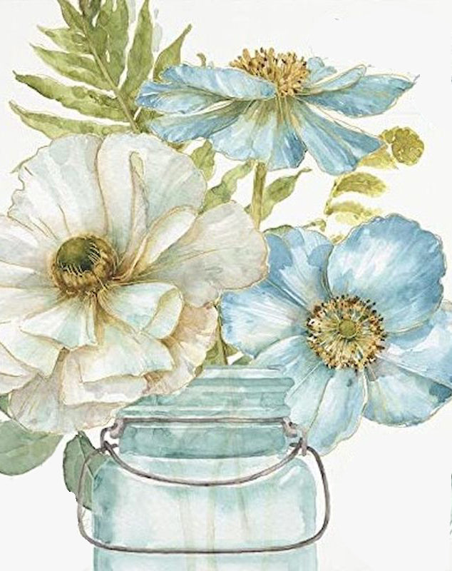 Plante Fleurs Blanche et Bleues Peinture par Numéros