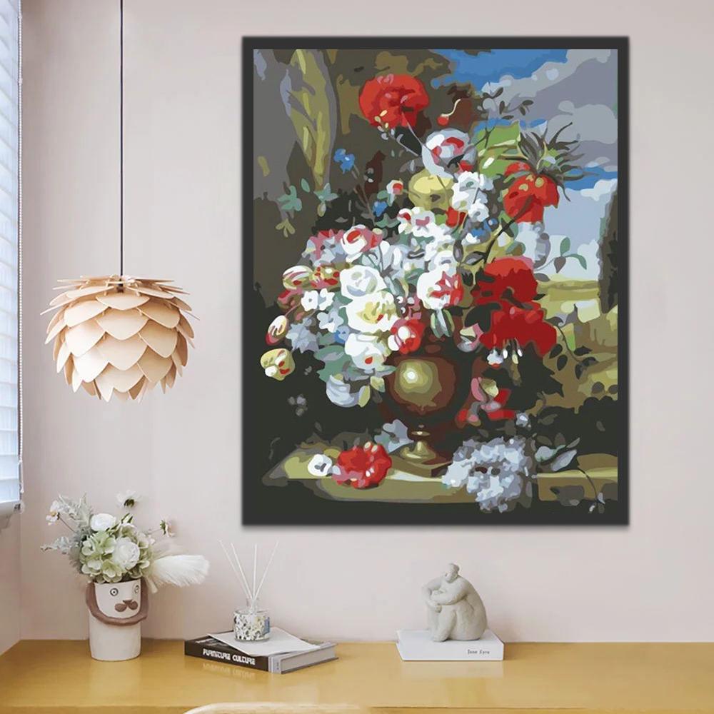 Plante Fleurs Blanches et Rouges Peinture par Numéros