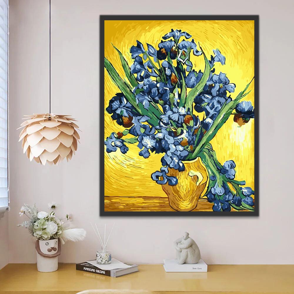 Plante Fleurs Bleues et Vase Jaune Peinture par Numéros