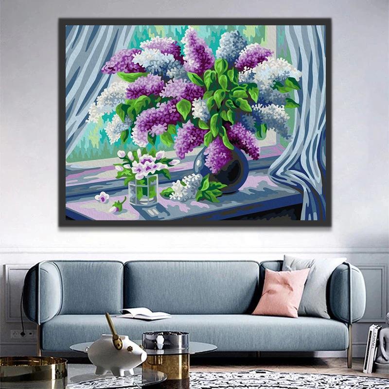 Plante Fleurs et Fenêtre Peinture par Numéros