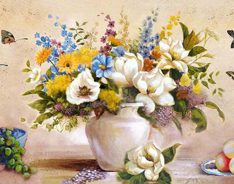 Plante Fleurs et Vase Blanc Peinture par Numéros