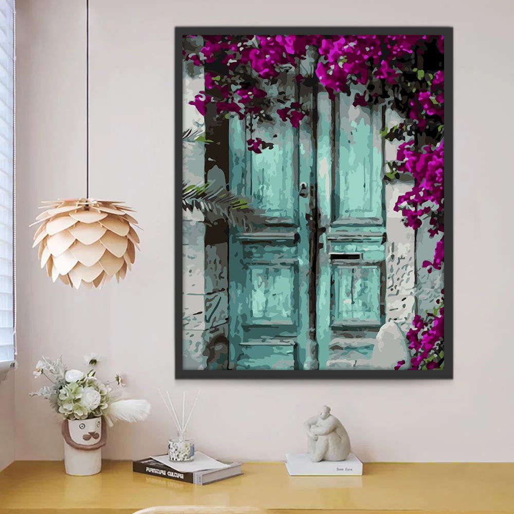 Plante Fleurs Violettes et Porte Bleue Peinture par Numéros