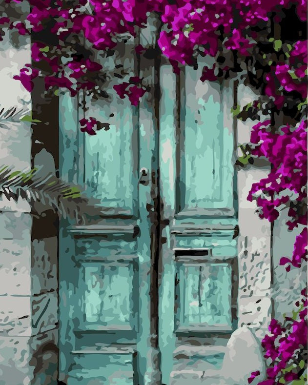 Plante Fleurs Violettes et Porte Bleue Peinture par Numéros
