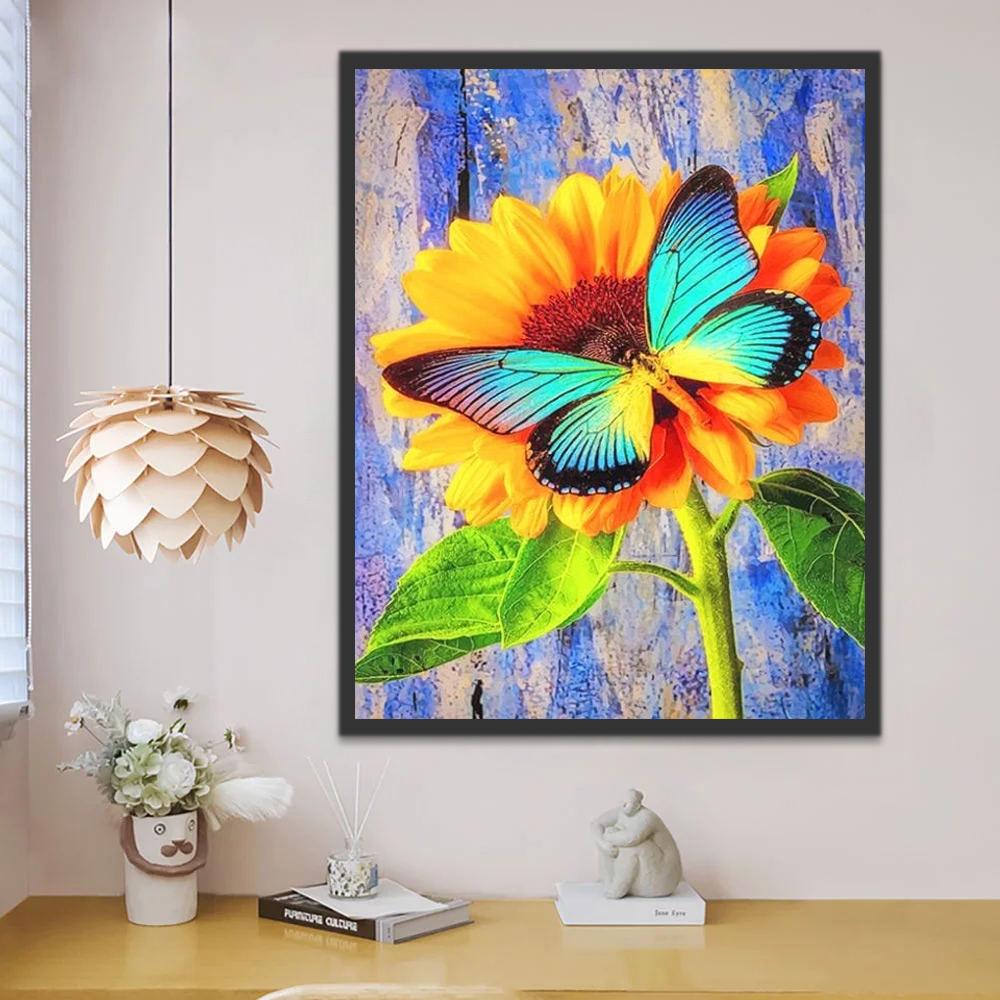 Plante Tournesol et Papillon Bleu Peinture par Numéros