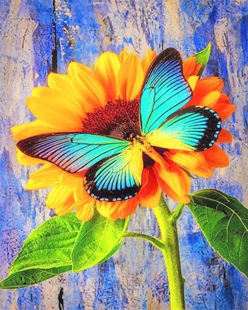 Plante Tournesol et Papillon Bleu Peinture par Numéros