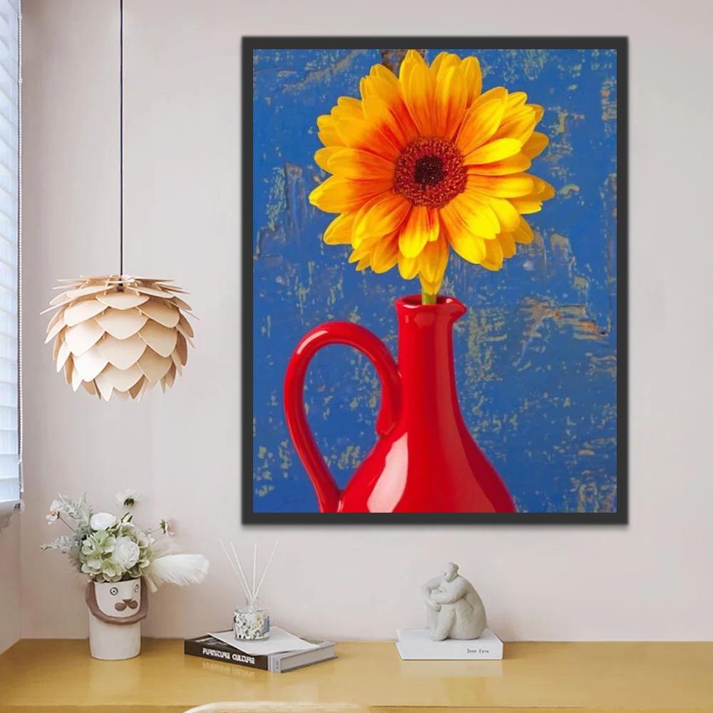 Plante Tournesol et Vase Rouge Peinture par Numéros