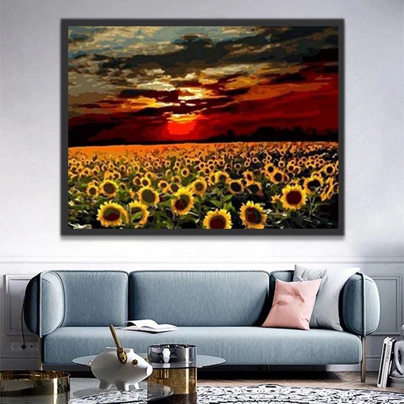 Plante Tournesols et Ciel Rouge Peinture par Numéros