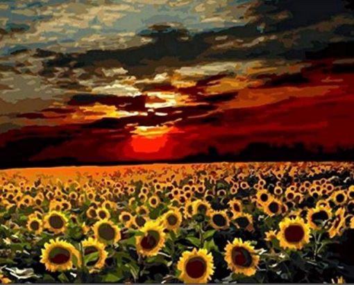 Plante Tournesols et Ciel Rouge Peinture par Numéros