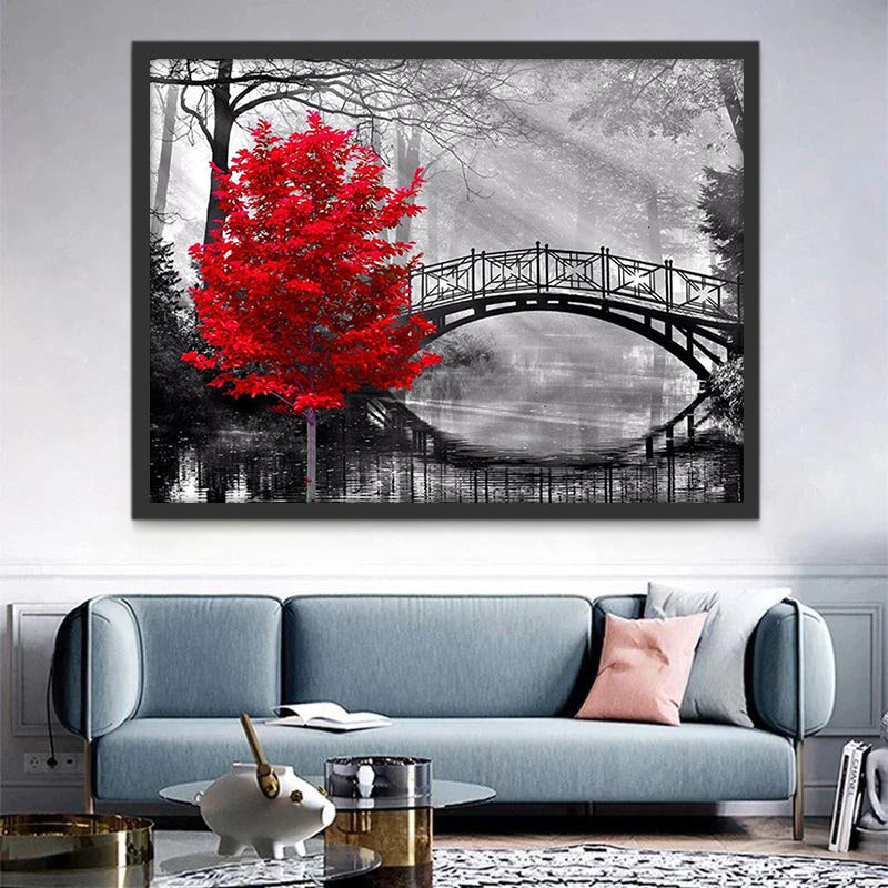 Pont et Arbre Rouge Peinture par Numéros