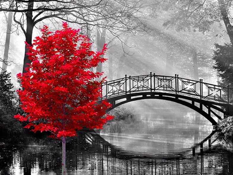 Pont et Arbre Rouge Peinture par Numéros