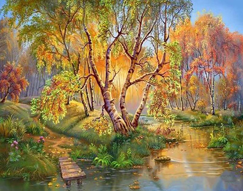 Ponton au bord de la Rivière Peinture par Numéros