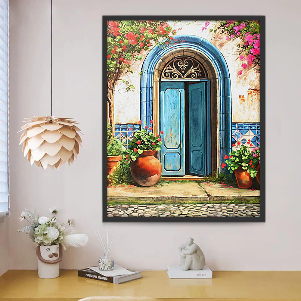 Porte Bleue et Fleur Peinture par Numéros