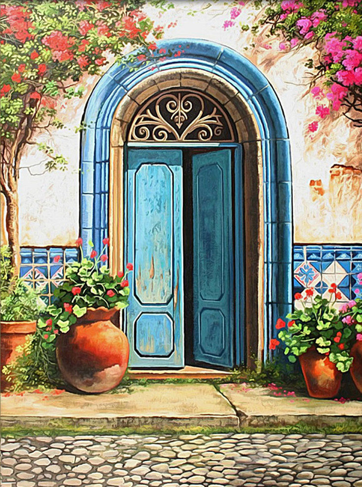 Porte Bleue et Fleur Peinture par Numéros