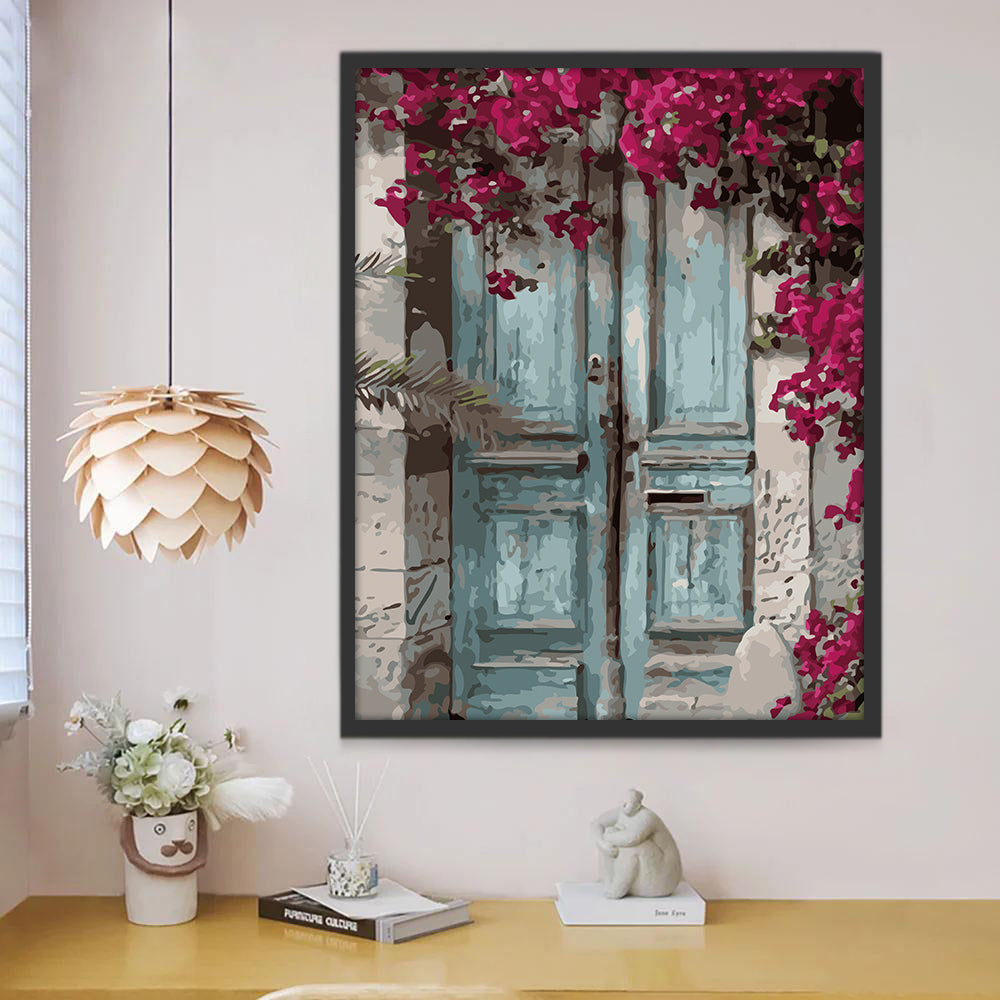 Porte Bleue et Fleurs Violettes Peinture par Numéros