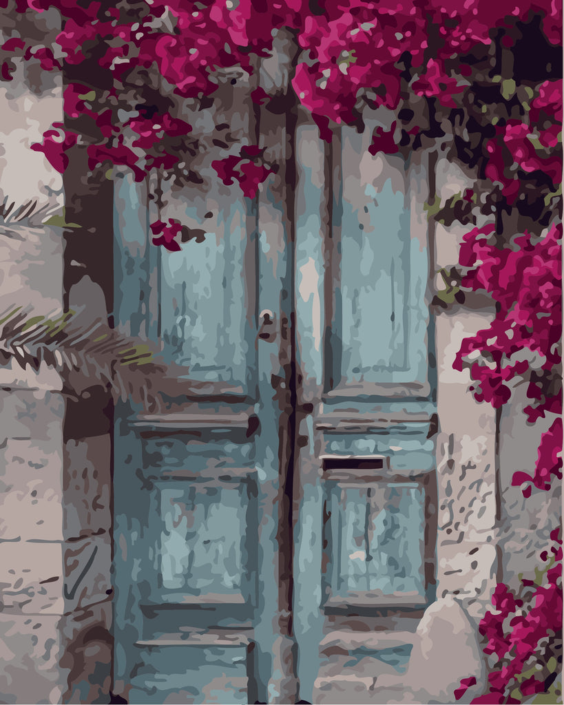Porte Bleue et Fleurs Violettes Peinture par Numéros