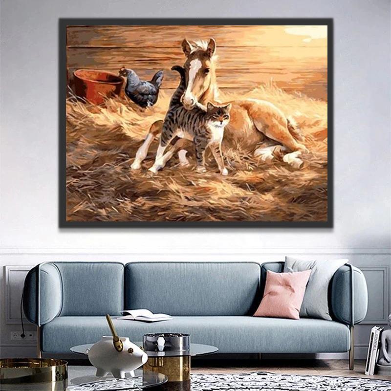 Poulain et Chat se Reposant sur la Pelouse Peinture par Numéros