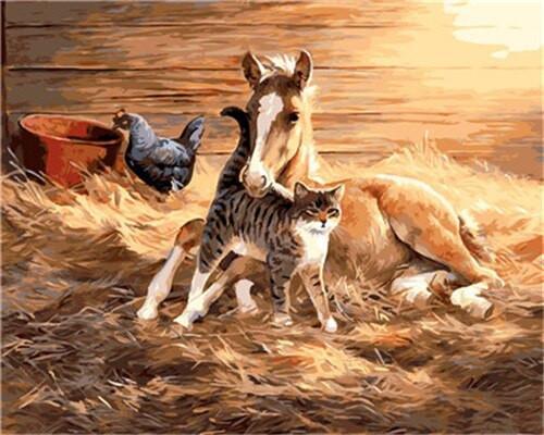 Poulain et Chat se Reposant sur la Pelouse Peinture par Numéros