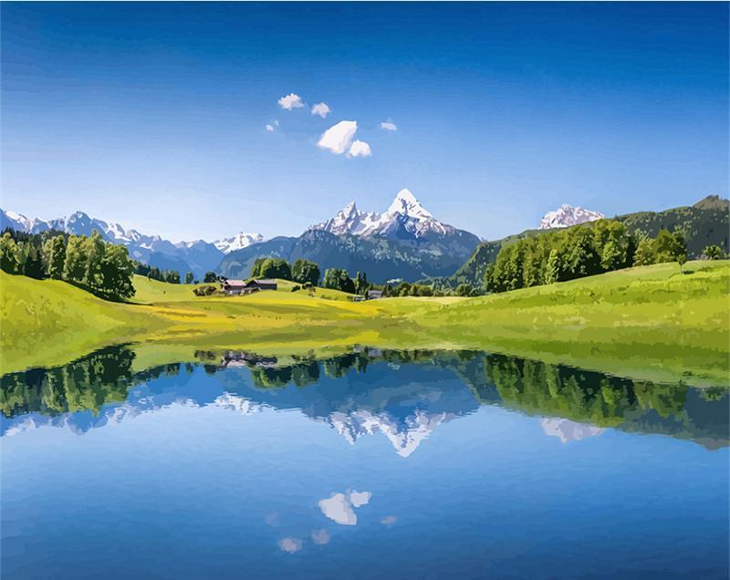 Prairie Montagnes et Lac Peinture par Numéros