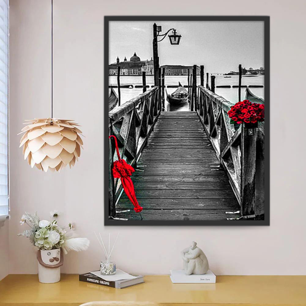 Quai et Parapluie Rouge Peinture par Numéros